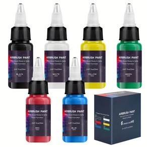 에어브러쉬 물감 컬러 6종 20ml 세트 워터 베이스 컬러 일반색, 6개, 블랙, 화이트, 옐로우, 그린, 레드, 블루