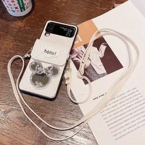 삼성 갤럭시 Z플립5 Z플립4 Z플립3 큐빅 거울 미러 장식 가죽 카드 수납 지갑 스트랩 목걸이 줄 하드 범퍼 핸드폰 케이스
