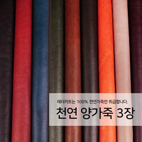 [레더키트]천연 가죽공예 원단 공방재료 리폼DIY원단 천연양가죽 3장, 밝은계열