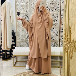 Jilbab 2 조각 세트 이슬람 여성 hijab 드레스 기도 의류 abaya 긴 khima 라마단 아랍 가운 abayas 세트 이슬람 의류 가운, 카키색 옷감, 한 사이즈