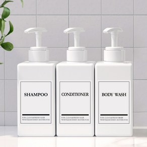 모든집 호텔 욕실 디스펜서 샴푸통 500ml+방수라벨 3구 세트, 1세트, 욕실세트_500ml(백색용기+백색펌프+영문3종)