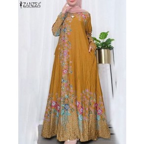 ZANZEA 보헤미안 Femme 봄 이슬람 Kaftan Abaya 드레스 o-넥 인쇄 Hijab 의류 맥시 캐주얼 가운, 04 YELLOW