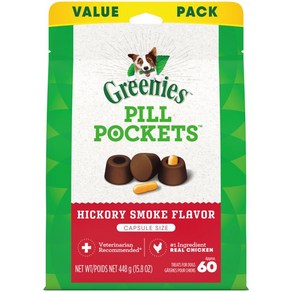 GREENIES PILL POCKETS 히코리 연기 맛 캡슐 크기 개를 위한 천연 소프트 트리트 15.8온스 파우치, 1개