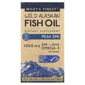 윌리스 파이니스트 Wiley's Finest 야생 알래스카 피쉬 오일 에이코사펜타엔산 함량 1000mg 피쉬 소프트젤 30정, 1개