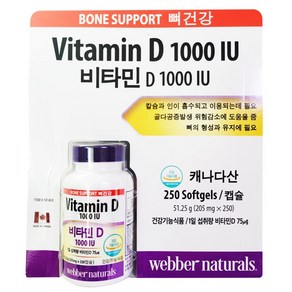 웨버 내추럴스 비타민D 1000 IU 205mg x 250캡슐 캐나다산 코스트코 뼈 건강 골밀도 골다공증, 250정, 1개