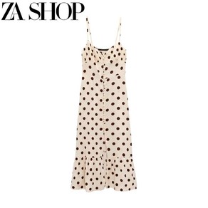 자라 도트 끈나시 브이넥 버튼 여성 롱 원피스 ZARA
