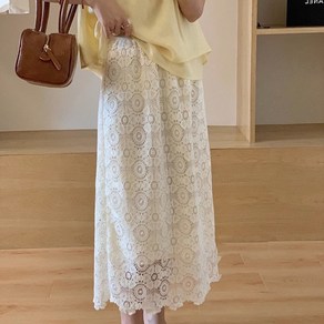 여성 펀칭 레이스 시스루 롱 스커트 h라인 심플 밴당 치마 데일리 자수 하이웨스트 망사 치마 샤스커트 하객룩