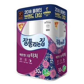 잘풀리는집 터치 3겹 롤 화장지 30롤 두루마리 휴지 071237ea, 30개