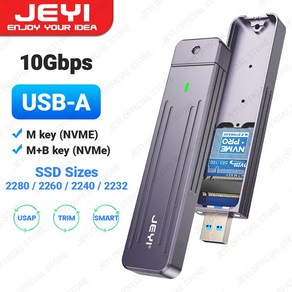 JEYI Diect-attach M.2 NVMe Enclosue USB-A Plug USB 3.2 10Gbps In-line Aluminum 2242 2280 SSD Case, 2280 vesion, 01 2280 vesion