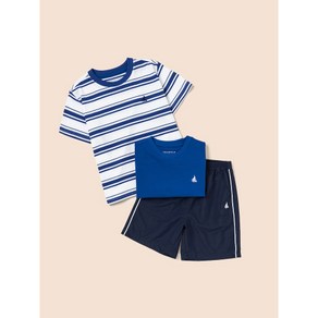 [매장정품] 빈폴 BEANPOLE 키즈 스트라이프 & 솔리드 티셔츠와 반바지 3PCS 상하 세트 블루 BI5442U01P