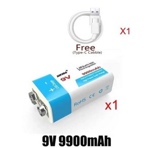 대용량 USB 충전식 배터리 멀티미터 무선 마이크 기타 리튬 이온에 적합 9V 배터리 12800Mah, 1개