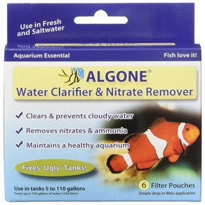 Algone Aquaium Wate Claifie and Nitate Remove 6 filte pouche 알고네 수족관 정수기 및 질산염 제거제 필터 파우치 6, 작은, 1개, 45.36g