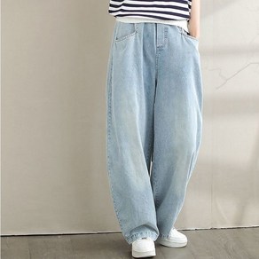 m~2xl 빅사이즈 봄 가을 여성 데님 배기팬츠 캐주얼 루즈핏 와이드 청바지 부드러운 통기 밴딩 팬츠 심플 베이직