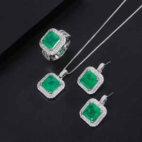 Paraiba 에메랄드 스톤 사각 펜던트 목걸이 귀걸이 조정 가능한 반지 세트 여성용 결혼 쥬얼리 선물 925 실버