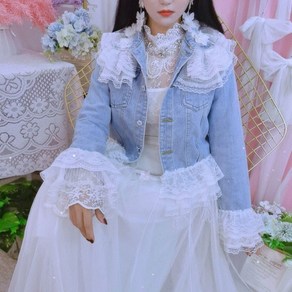 [Myshe]가을 트렌드 데님자켓 여성 개성 망사 패치워크 청자켓 SheFEI820WT4
