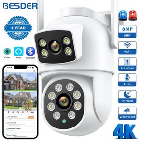 CC 카메라 BESDER 와이파이 PTZ 야외 듀얼 스크린 사람 감지 렌즈 보안 보호 IP 오디오 iCSee 앱 4K 8MP, 4MP with 128G Cad_CHINA  AU, 15) 4MP with 128G Cad  AU 플러그, 1개