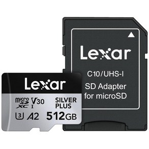 Lexar 512GB 프로페셔널 실버 플러스 microSDXC 메모리 카드 SD 어댑터 포함 UHSI C10 U3 V30 풀 HD 4K 비디오 최대 205/150MB/s 리더기/쓰