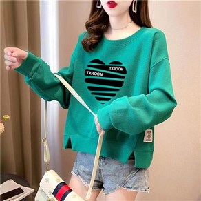 besteffie 루즈핏 학생 티셔츠 여성 캐주얼 맨투맨 봄 가을 긴팔 하트 프린트 라운드 넥 옆트임 디테일 롱슬리브 Q55