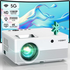 VIZONY 5G WiFi 및 블루투스 지원 프로젝터 20000L 600ANSI Full HD Native 1080P 캐리어 케이스 4k 350 디스플레이 전화TV 스틱노트북 흰색