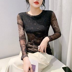 댄스복 상의 여성용 가을옷 프린트 슬림망사 스판 긴팔티셔츠 Women's T-shit 뉴타임즈 P883N599