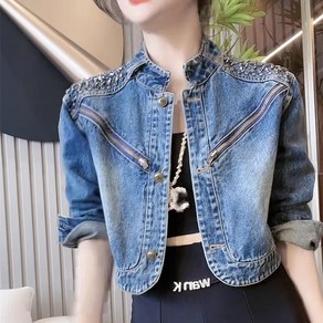 여성 스탠딩 칼라 쇼트 코트 큐빅 데님 코트 CIILLNY