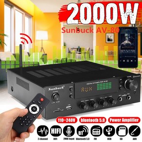 SUNBUCK 2000W 홈 시어터 앰프 HiFi 블루투스 파워 스테레오 오디오 가라오케 FM 수신기 USB SD 2 마이크 입력, 01 Sunbuck AV-80_01 EU Plug, 1개