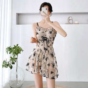 SAHINER 여성 플라워 셔링 레이스 원피스 수영복 AYY07, 프리사이즈, 스킨