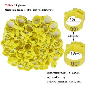 조류 인식표 조절 가능한 닭 비둘기 발 반지 가금류 다리 디지털 라벨 버클 링 플라스틱 병아리 오리 거위 농장 장비 6 가지 색상 발찌, 10 Poulty Yellow 25pcs, 25개