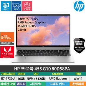 (당일발송) HP 프로북 455 G10 80D58PA R7-7730U/DDR4 16GB/NVMe 512GB/Win11Pro/15.6형/지문인식/백라이트/PD충전