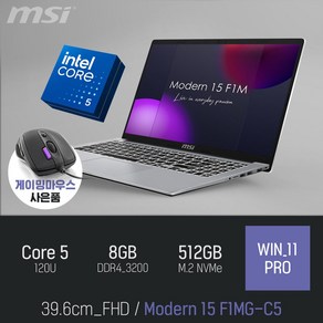 MSI 모던시리즈 모던 15 F1MG-C5 [게이밍마우스 & 패드 증정], WIN11 Po, 8GB, 512GB, 실버