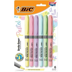 BIC 브라이트 라이너 그립 형광펜 끌 팁 모듬 배럴 파스텔 잉크 6개 팩, Pastel_6 Count (Pack of 1)  H