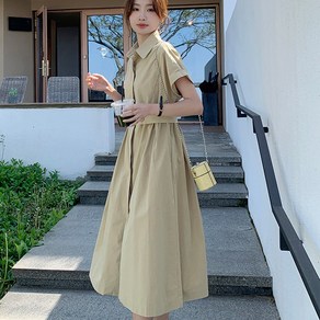 [웨일쓰]여성 카라넥 캐주얼 브이넥 벨트 A라인 셔츠 원피스 반팔 데일리 원피스