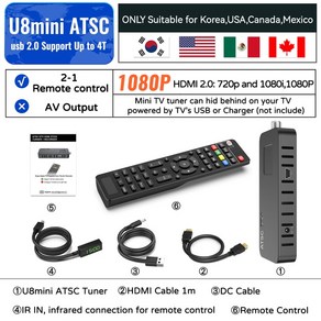 휴대용TV DMB 요양원 무선TV 병원 경비실 UBISHENG ATSC TV 튜너 디지털 컨버터 USB PVR 무료 ATSC/QAM 뒤 숨김, 1.U8mini ATSC, 1.U8mini ATSC