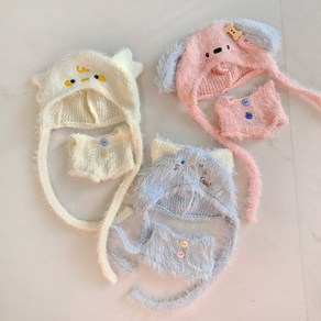 애니멀 니트모자 세트 인형옷 (10cm 15cm 모루인형 옷 그로밋 솜인형 의상 꾸미기), 핑크, 1개