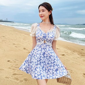 베베로사 반팔 데이지꽃 원피스 프릴 모노키니 꽃 패턴 수영복 비치웨어 호캉스, 진하늘, L(66)