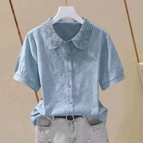 지고다그 여성용 순면 자수 카라 셔츠 여름용 루즈핏 블라우스 데일리 상의 ZH0522