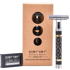 Parker 65R 슈퍼 헤비급 그레이 골드 더블 에지 안전 면도기 & 5 파커 블레이드 리필