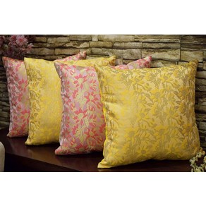 Royal DecoFurnishing Bageecha Floral Brocade 실크 쿠션 커버 콤보노랑 바다색 및 황금색 4개 세트 인도 고급원단