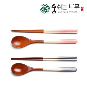 [숨쉬는나무] 자체제작 파스텔 그라데이션 물방울 옻칠 나무수저 2인세트, 핑크+블루, 1세트, 파스텔그라데이션 수저 2인세트