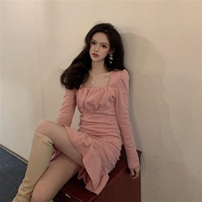 besteffie 가을 봄 미니원피스 긴팔 A라인 퍼프소매 스퀘어넥 슬림핏 홀복 파티복 프릴 클롭 원피스 B21