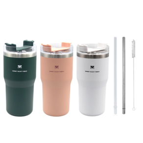 나르메르 1+1+1 뉴 딜라이트 텀블러 600ml 스텐 빨대 스텐텀블러, 1세트, 딥그린 피치핑크 퓨어화이트