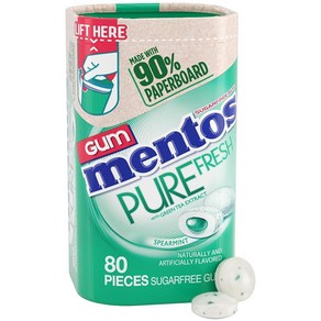 Mentos Pue Fesh 스피어민트 무설탕 껌 자일리톨 감미료 함유 판지 병 80개, 1개