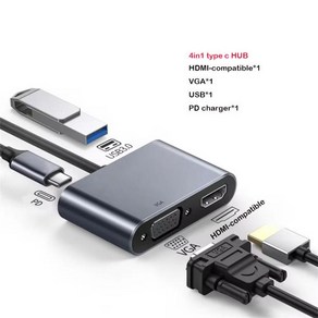 C타입 HDMI 호환 USB 3.0 VGA PD 어댑터 맥북 삼성 화웨이 샤오미 4K 멀티포트 어댑터 허브, Gay 4 in 1, 03 Gay 4 in, 1개