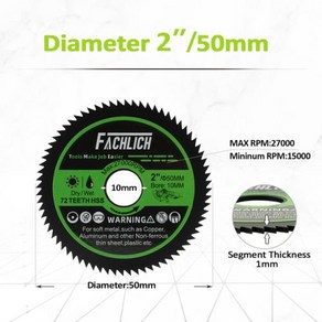 3인치그라인더날 절단석 멀티 커팅 휠 FACHLICH 초박형 디스크 HSS 소프트 금속 커터 구리 파이프 알루미늄 목재 미니 그라인더 보어 10mm 2 인치 3 톱날 Dia50 7, 1) 1pc  2inch 50mm