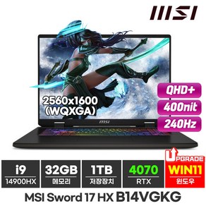 MSI 2024 스워드 17 HX 코어i9 인텔 14세대 지포스 RTX 4070, Swod 17 HX B14VGKG, WIN11 Home, 32GB, 1TB, 블랙