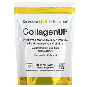 Califonia Gold Nutition CollagenUP 히알루론산 및 비타민C 함유 가수분해 해양 콜라겐 펩타이드 무맛 206g (7.26oz), 1개