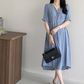 [행복여]세린 벌룬 소매 셔링 핀턱 브이넥 허리끈 원피스