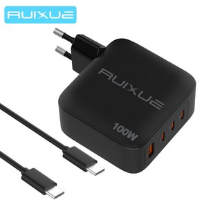 RUIXUE C 타입 고속 충전기 4포트 100W GaN 초고속충전기 호환 삼성 S24 S25 A15 SAMSUNG 노트북 Tab 아이폰16 15 아이패드 1m C to C 케이블, 1개, 100W 블랙