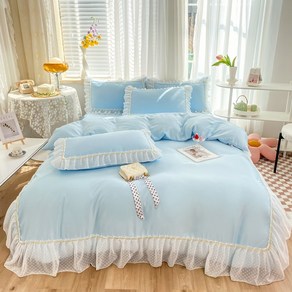 단선레브 아이스 실크 레이스 침대 스커트 세트 --침대 스커트+이불 커버+베개 커버