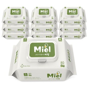 Miel 화이트 80매 캡형 10입 평량 55g 엠보싱 도톰 대용량 베이비 물티슈, 10개